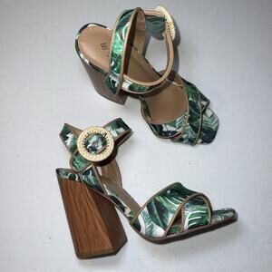 Call It Spring Celiaa Women's Tropical Leaf Green Block Heel Sandals Resort 7